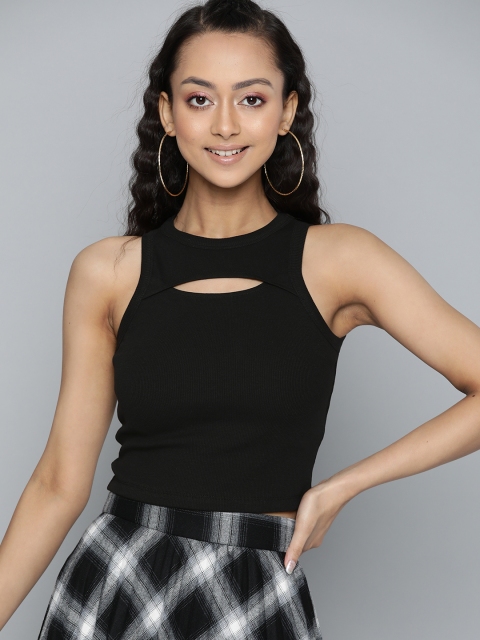 

VividArtsy Black Ribbed Fitted Cut Out Crop Top