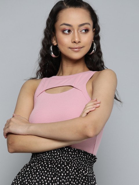 

VividArtsy Pink Ribbed Fitted Cut Out Crop Top