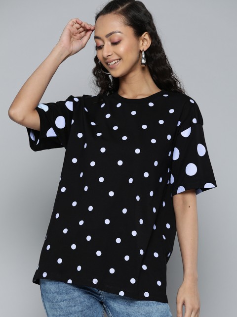 

VividArtsy Women Black & Blue Polka Dot Print Pure Cotton Round Neck Oversized T-shirt