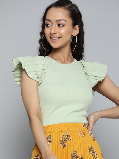 

VividArtsy Green Flutter Sleeves Ribbed Fitted Top