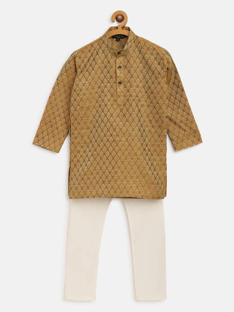 

SOJANYA Boys Mustard Brown & Golden Jacquard Woven Design Straight Kurta with Pyjamas