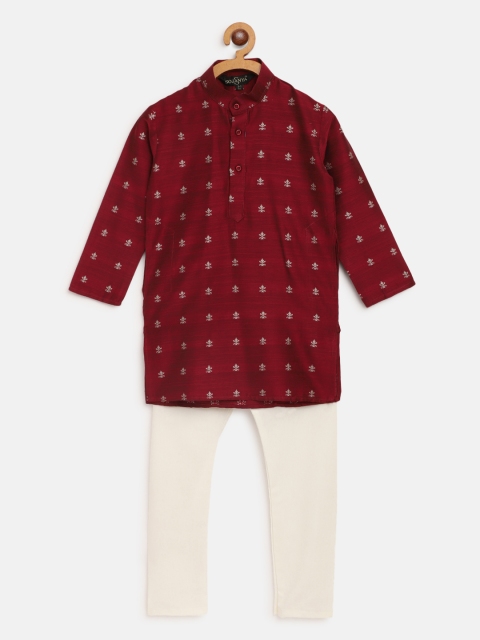 

SOJANYA Boys Maroon & Off- White Woven Design Dobby Weave Kurta with Churidar