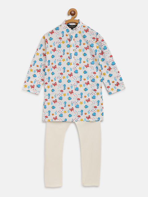 

SOJANYA Boys White & Blue Pure Cotton Quirky Printed Kurta with Solid Pyjamas