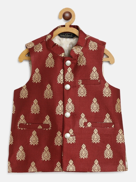 

SOJANYA Boys Maroon & Golden Jacquard Woven Design Nehru Jacket