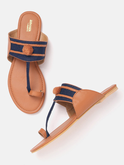 

Anouk Women Navy Blue & Brown Striped One Toe Flats with Pom Pom Detail