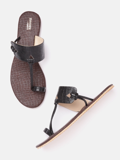 

Anouk Women Black Croc-Textured Handcrafted One Toe Flats