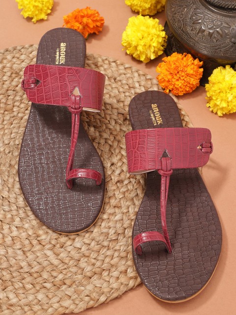 

Anouk Women Maroon Croc-Textured Handcrafted One Toe Flats