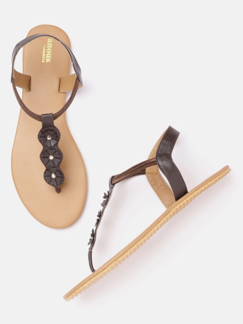

Anouk Women Coffee Brown Floral Applique Handcrafted T-Strap Flats