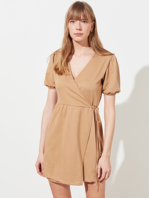 

Trendyol Women Beige Solid Stretchable Wrap Dress