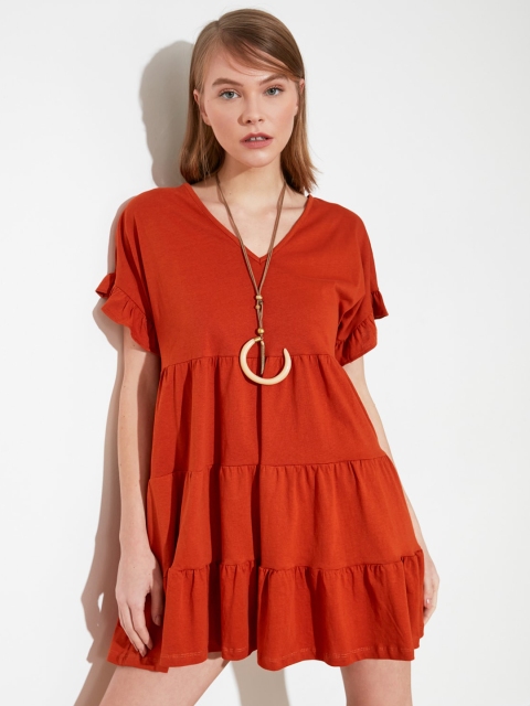 

Trendyol Women Rust Orange Solid Tiered A-Line Dress
