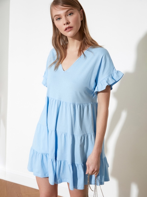 

TRENDYOL COLLECTION Women Blue Solid Tiered A-Line Dress