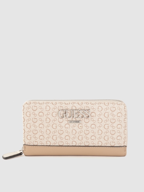 GUESS Women Light Beige & Brown Brand Logo Print Zip Around Wallet