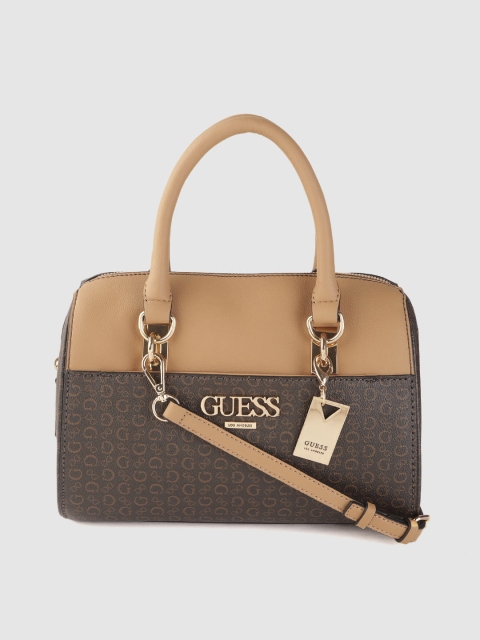 

GUESS Coffee Brown & Beige Brand Logo Print Handheld Bag