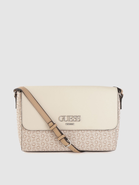 

GUESS Off White & Beige Brand Logo Print Sling Bag