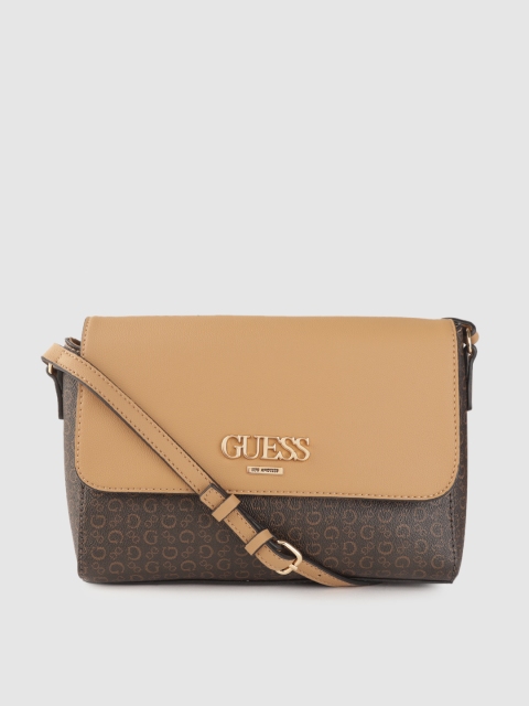 

GUESS Coffee Brown & Beige Brand Logo Print Sling Bag