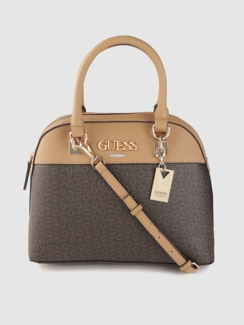 

GUESS Coffee Brown & Beige Brand Logo Print Handheld Bag
