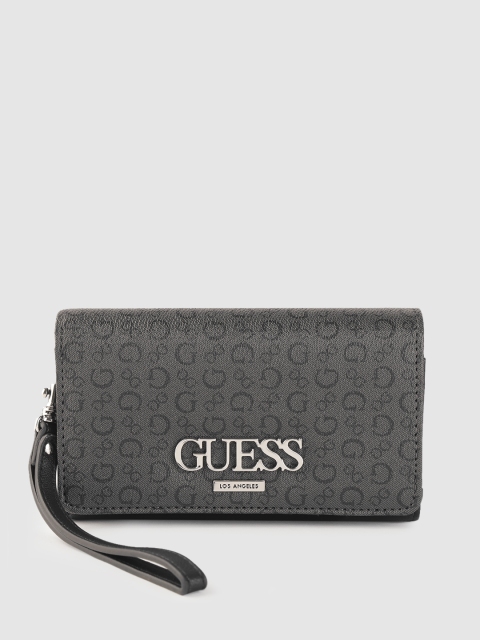 

GUESS Women Charcoal Grey & Black Brand Logo Print Two Fold Wallet