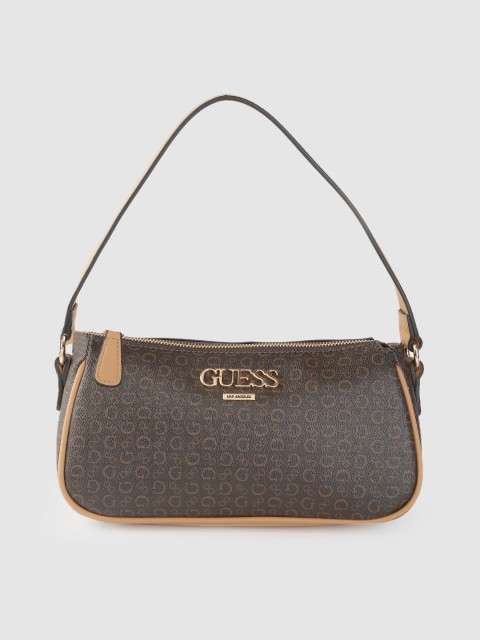 

GUESS Coffee Brown & Beige Brand Logo Print Shoulder Bag