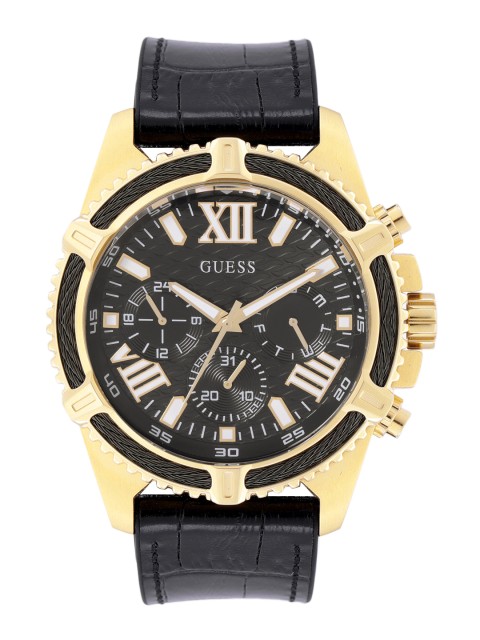 

GUESS Men Black Dial & Black Leather Textured Straps Analogue Watch GW0053G3