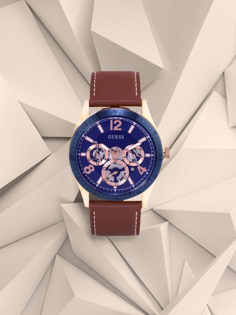 

GUESS Men Navy Blue Skeleton Dial & Brown Leather Straps Analogue Watch GW0216G1