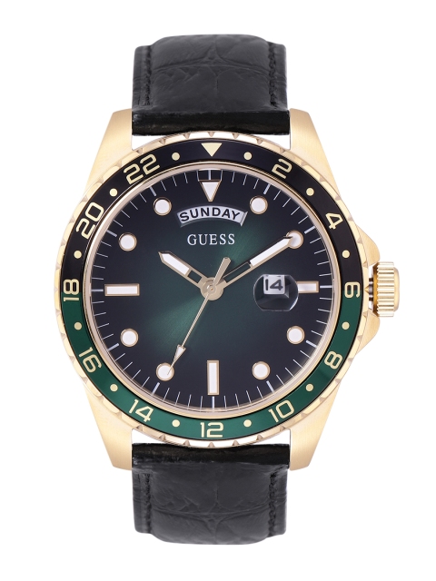 

GUESS Men Green Dial & Black Leather Textured Straps Analogue Watch GW0221G1