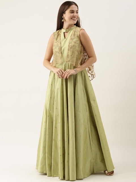 

EthnoVogue Green Embroidered Keyhole Neck Ethnic Made To Measure Maxi Dress