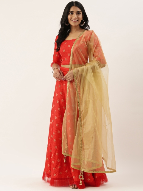 

EthnoVogue Red & Gold-Toned Printed Unstitched Lehenga & Made to Measure Blouse with Dupatta