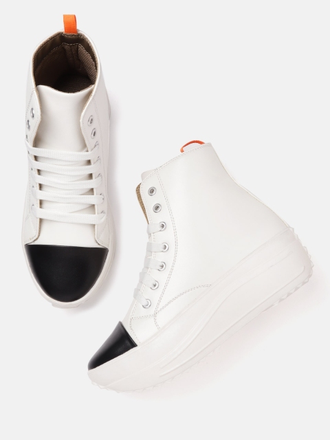 

Kook N Keech Women Off-White Solid Mid-Top Flatform Sneakers