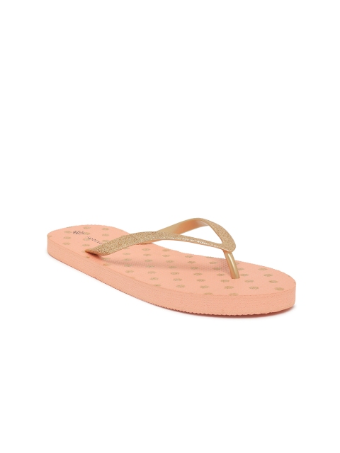 

Forever Glam by Pantaloons Women Gold-Toned & Peach-Coloured Printed Thong Flip-Flops
