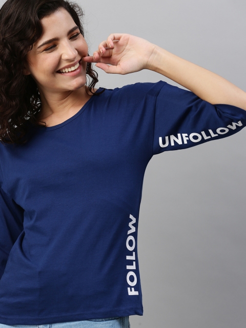 

HERE&NOW Women Navy Blue Placement Typography Printed Drop-Shoulder Sleeves T-shirt