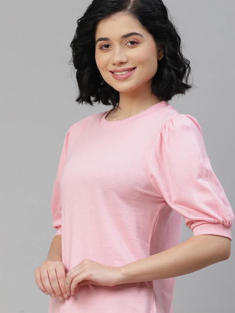 

HERE&NOW Pink Pure Cotton Solid Puff Sleeve Regular Top
