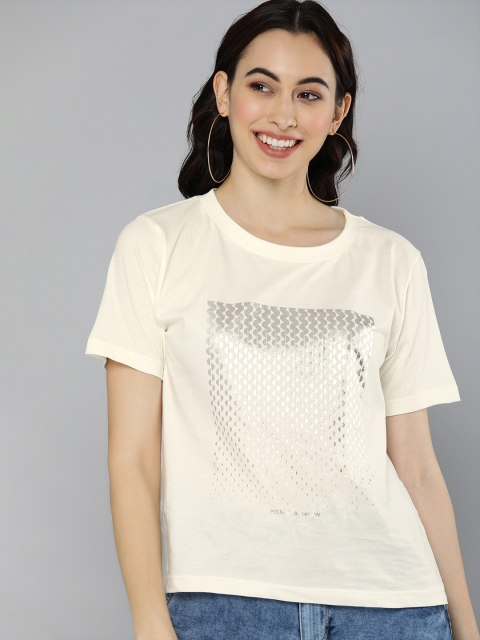 

HERENOW Women Off-White Printed Round Neck Pure Cotton T-shirt