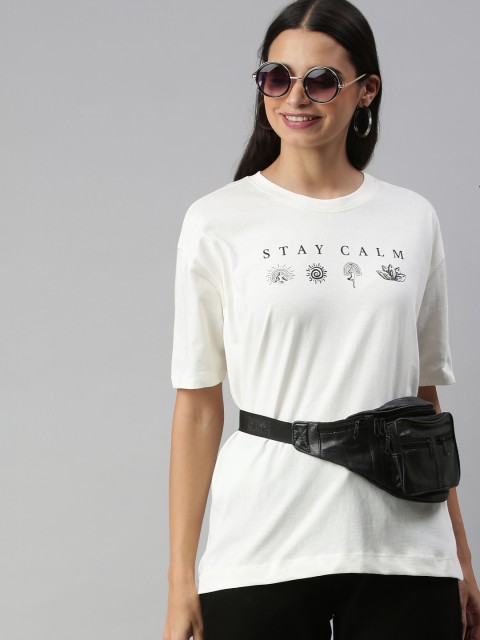 

HERENOW Women White Typography Printed Drop-Shoulder Sleeves Pure Cotton T-shirt
