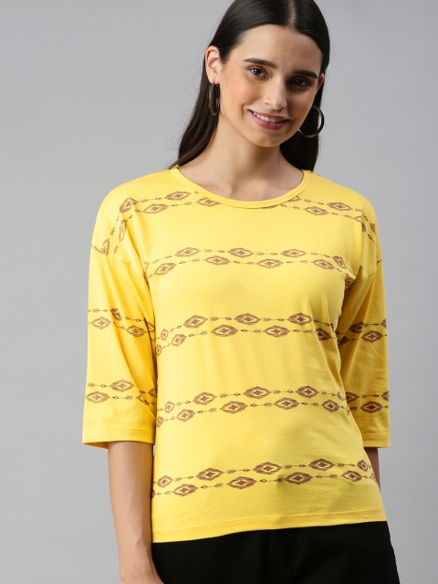 

HERENOW Women Yellow Brown Printed Drop-Shoulder Sleeves Pure Cotton T-shirt