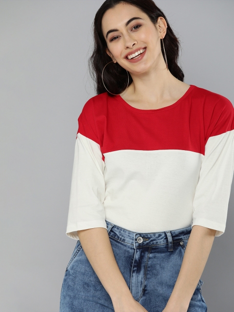 

HERENOW Women Red White Colourblocked Round Neck Pure Cotton T-shirt