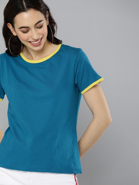 

HERENOW Women Blue Solid Round Neck Pure Cotton T-shirt with Tipping Detail