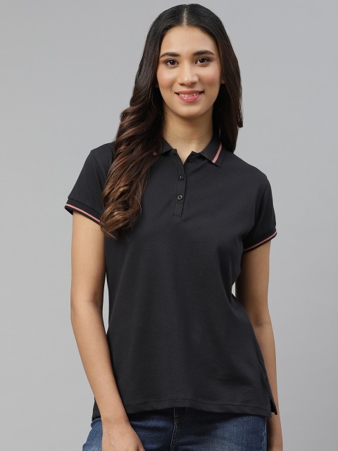 

HERE&NOW Women Black Polo Collar T-shirt