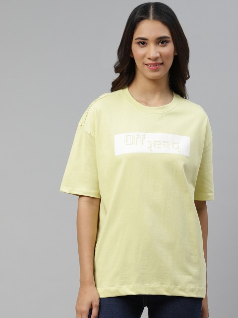 

HERE&NOW Women Lime Green & Off White Typography Printed Pure Cotton T-shirt