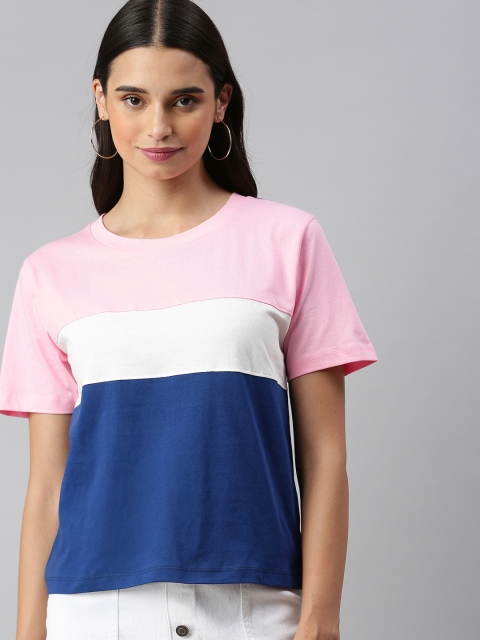 

HERE&NOW Women Pink Colourblocked Round Neck T-shirt
