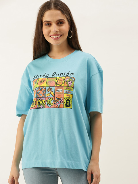 

Moda Rapido Women Blue Printed Drop-Shoulder Sleeves T-shirt