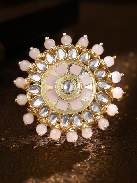 

Rubans Gold-Plated Pink & White Stone-Studded Pearl Embellished Enamelled Handcrafted Adjustable Finger Ring