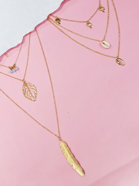 

OOMPH Gold Set of 2 Feather & Sea Shell Charm Multi Layered Multi-Strand Chain