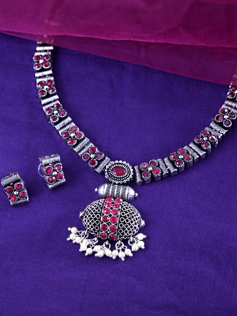 

Yellow Chimes Oxidised Silver-Plated Red & White Stone-Studded & Beaded Jewellery Set