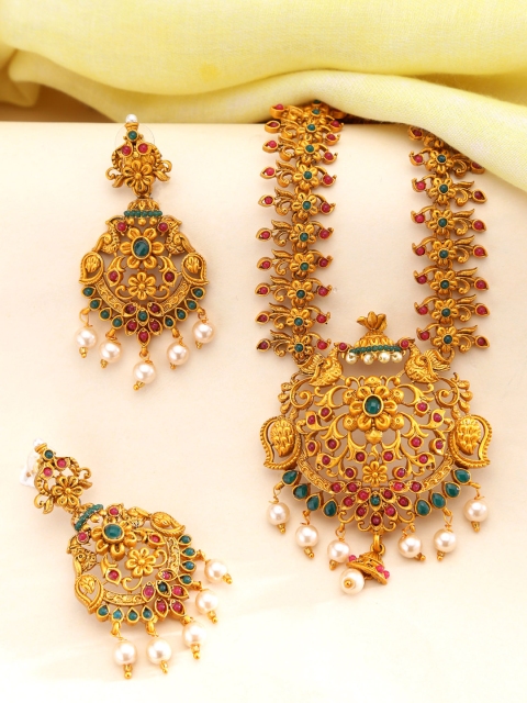 

Yellow Chimes Gold-Plated Stone-Studded & Pearl Beaded Handcrafted Temple Jewellery Set