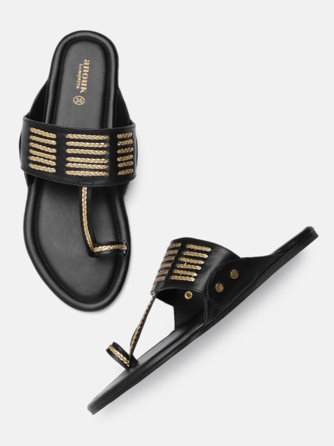 

Anouk Women Black & Gold-Toned Braided Striped One Toe Flats