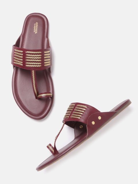 

Anouk Women Maroon & Gold-Toned Braided Striped One Toe Flats