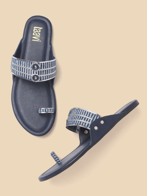 

Taavi Women Blue & Off-White Striped Handcrafted One-Toe Flats with Braided Detail