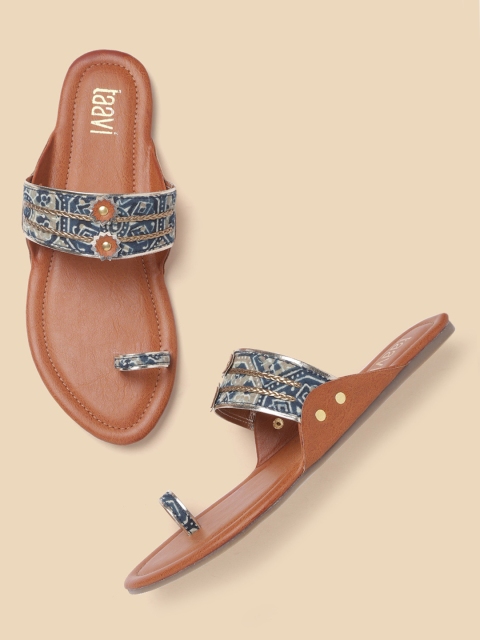 

Taavi Women Blue & Taupe Ethnic Motifs Print Handcrafted One-Toe Flats with Braided Detail