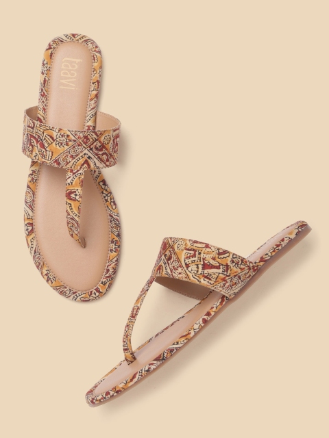 

Taavi Women Beige & Maroon Ethnic Motifs Print Handcrafted T-Strap Flats