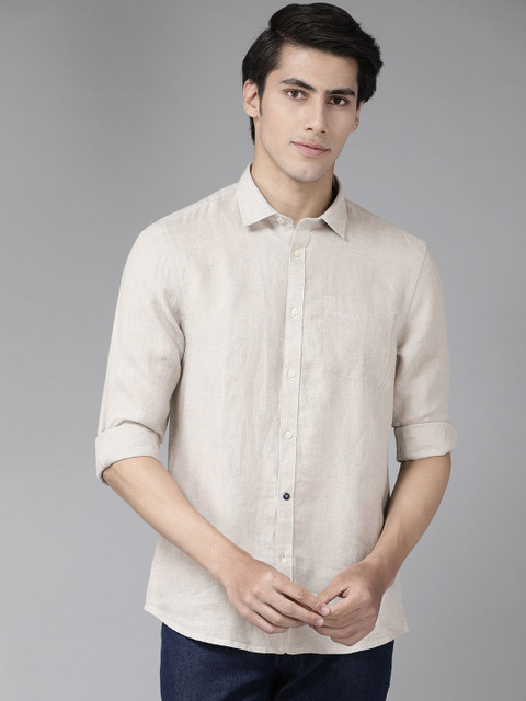 

Blackberrys Men Off White Solid Linen Slim Fit Casual Shirt